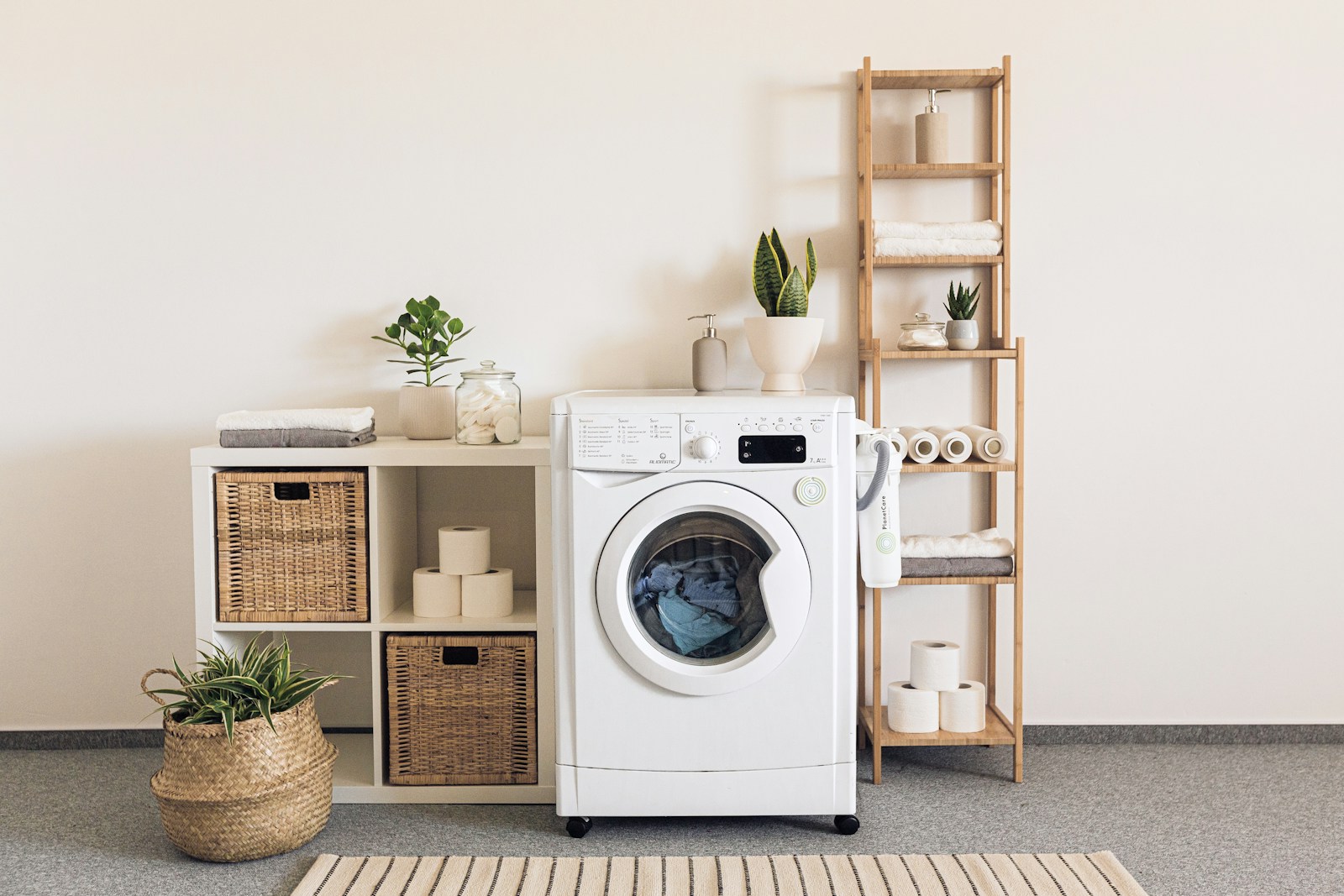 A modern laundry room showcases smart appliance selection in Weehawken, featuring a white washing machine, shelves with wicker baskets, towels, toilet paper, and potted plants. A beige rug adds warmth to the gray floor beside a wooden ladder shelf against white walls.